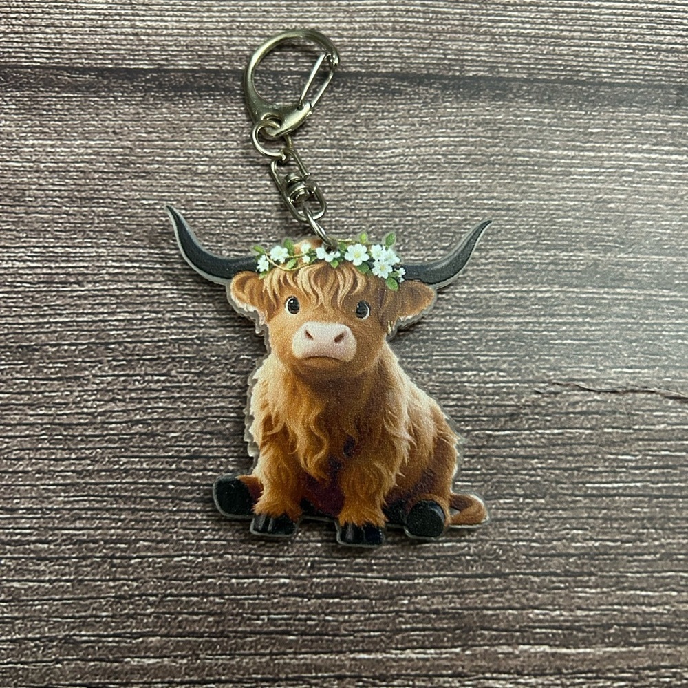 Highland Cow Keychain with Flower Crown